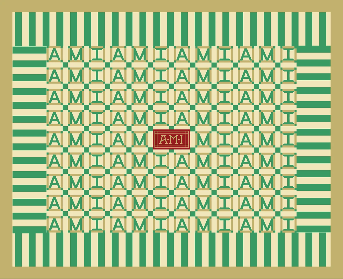AMI identity with a repeating cookie motif and green-and-cream striped border