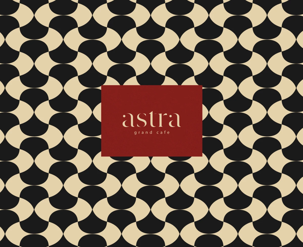 ASTRA black and cream geometric pattern surrounding a red wordmark panel