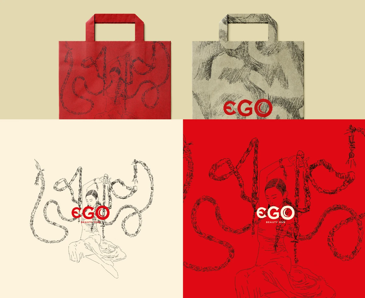EGO red and ivory bags and two compositions of symbolic line illustrations