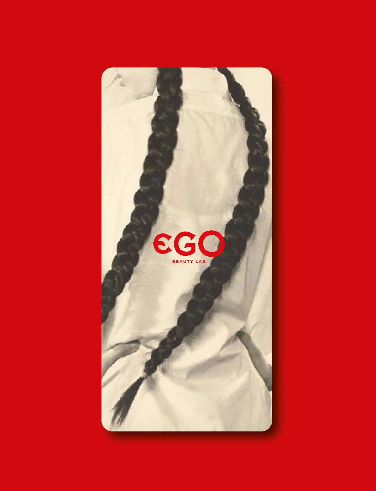 EGO portrait and red wordmark applied to a phone-screen composition