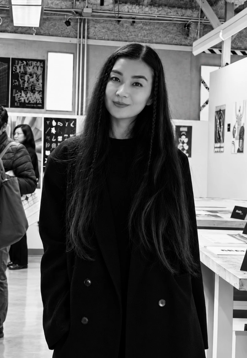 Khalinur Marupova standing among graphic design displays
