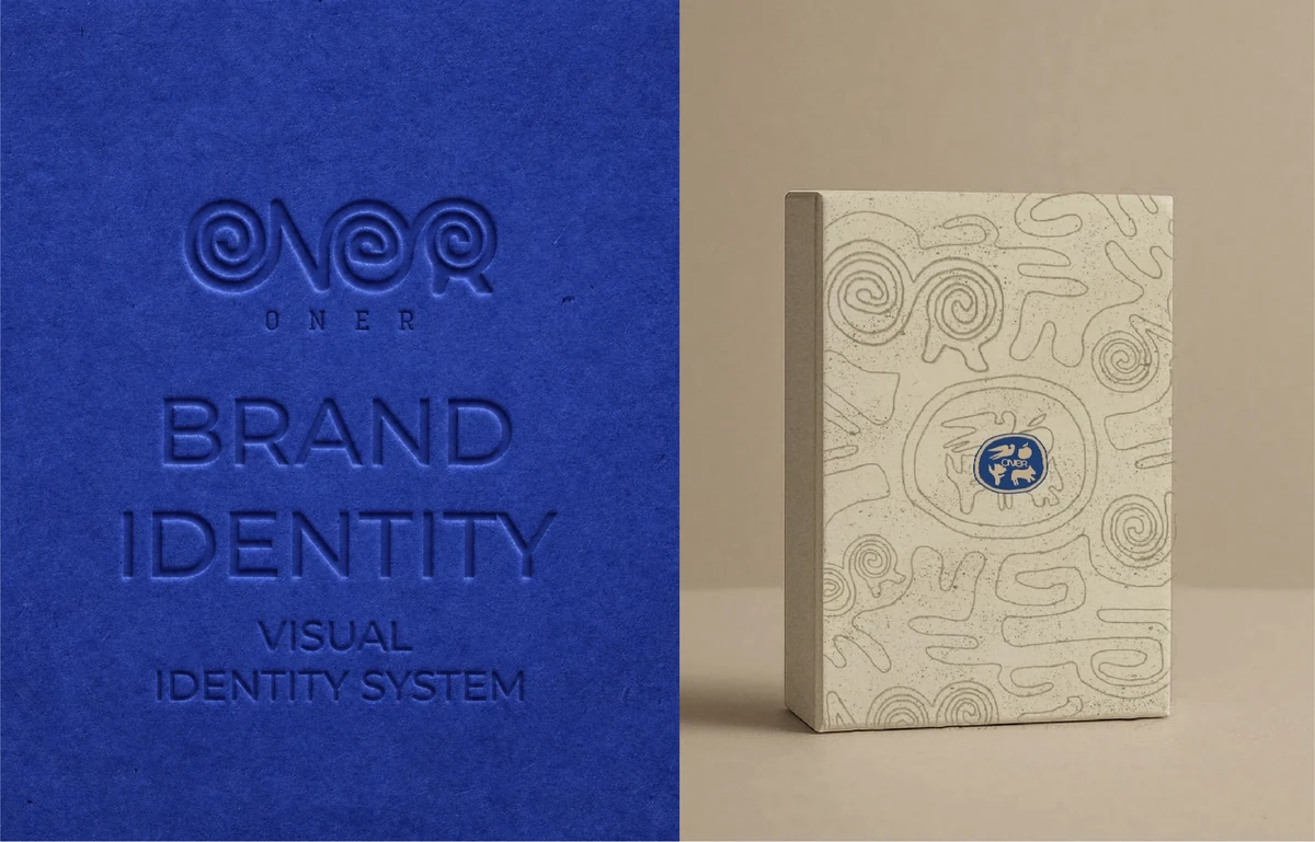 ÖNER cobalt blue identity cover beside a sand-colored ornamental cover